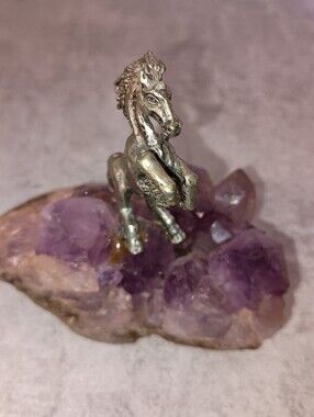 Silver Horse Figurine on Purple Amethyst Cluster - Decorative Home Accent